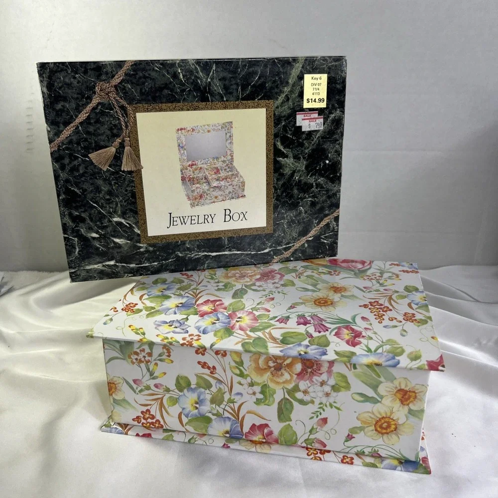 Vintage Kmart Ladies Fashion Jewelry Box Removable Tray Floral Design White